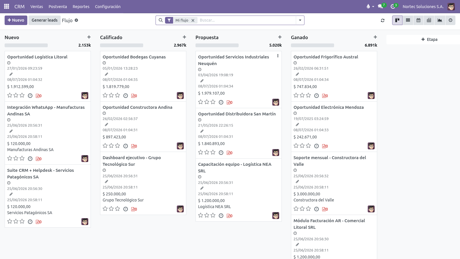 Vista kanban del pipeline de Waiki CRM