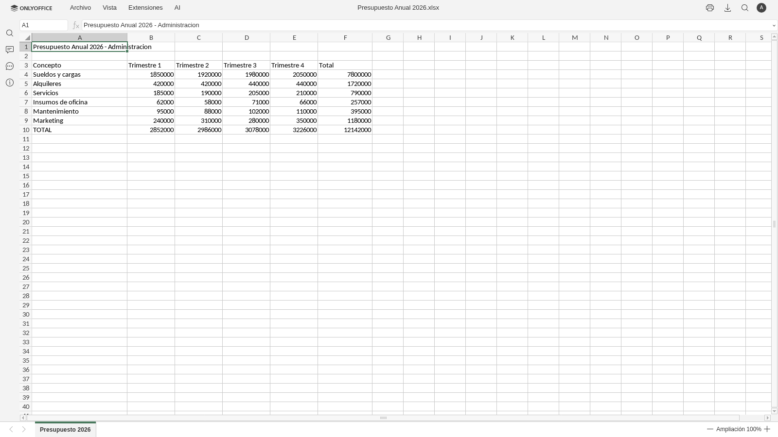 Planilla Excel editada en el navegador con ONLYOFFICE