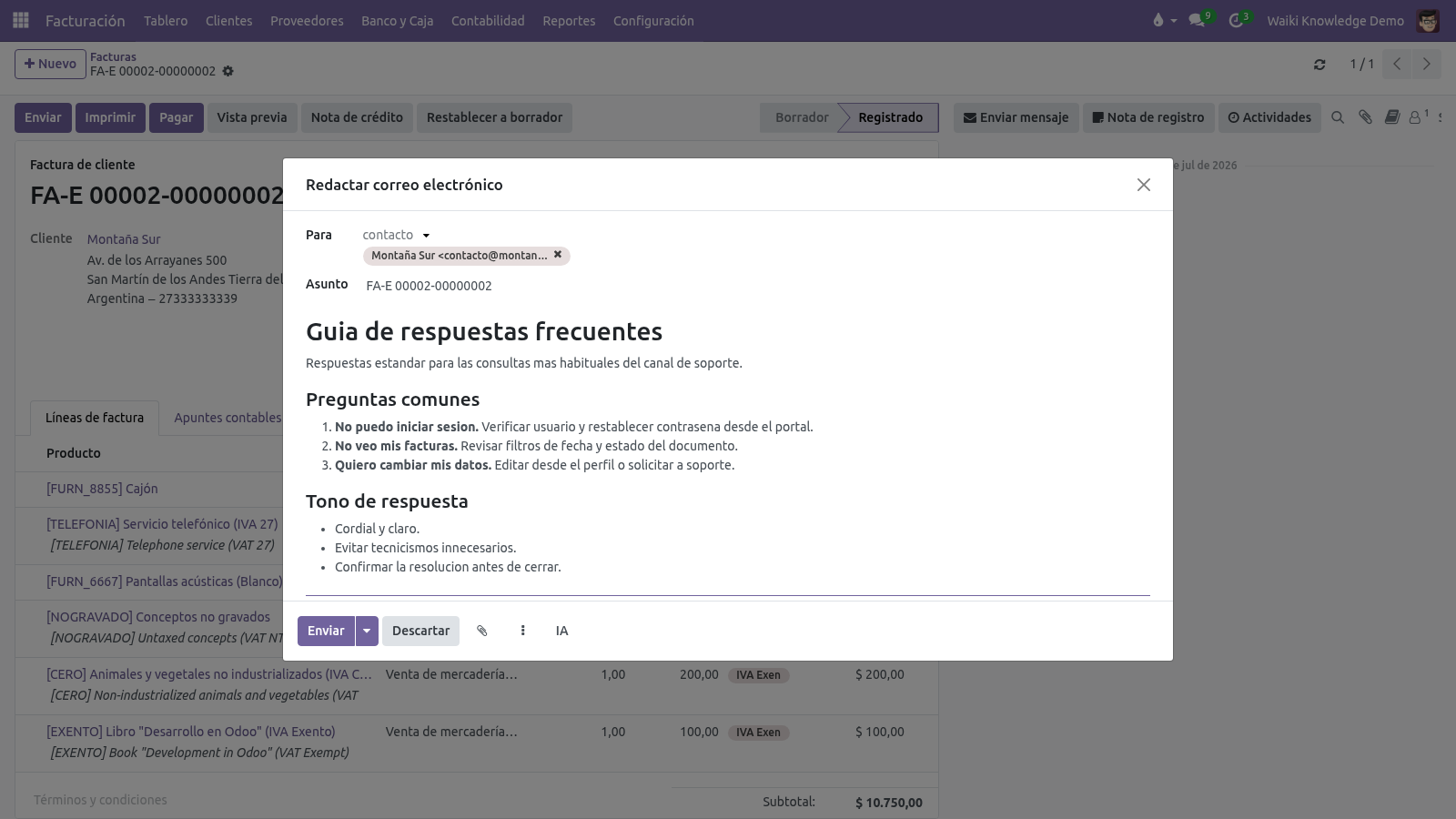 Enviar un artículo de Knowledge como mensaje en el chatter de una factura
