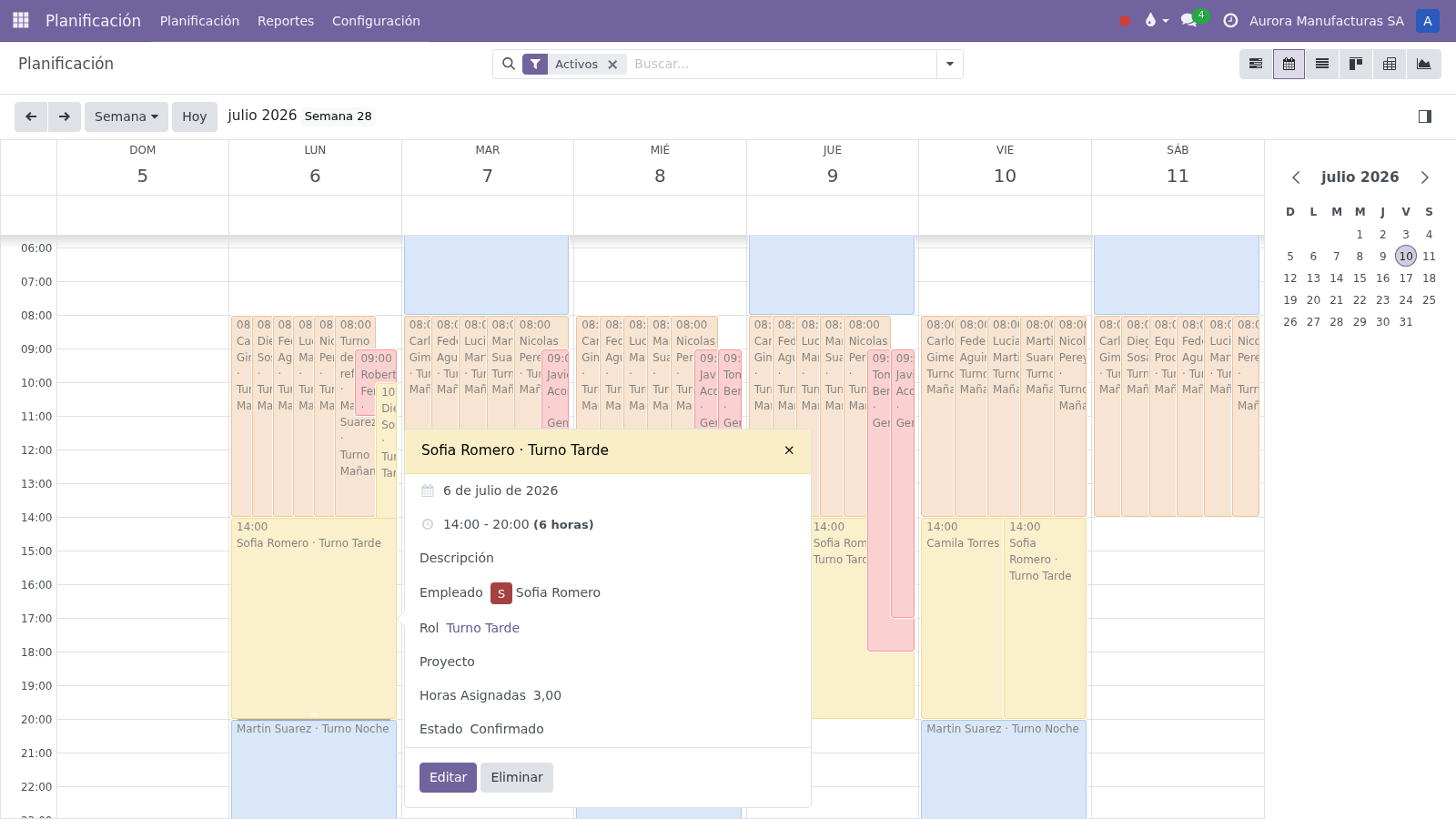Calendario semanal del equipo con los turnos coloreados por rol y el resumen de un turno abierto