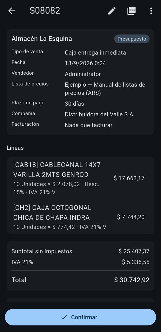 Presupuesto con cliente, productos, impuestos y totales