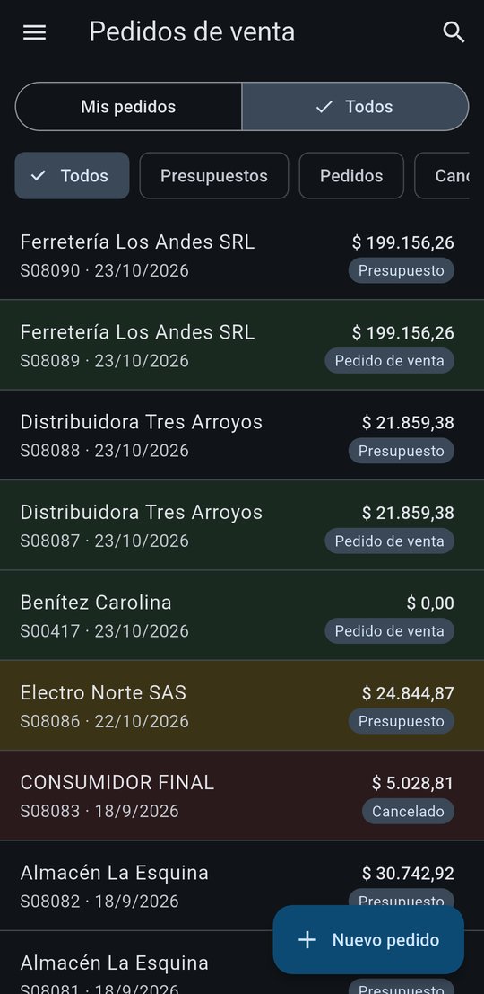 Waiki Ventas: lista de pedidos de venta con colores por estado